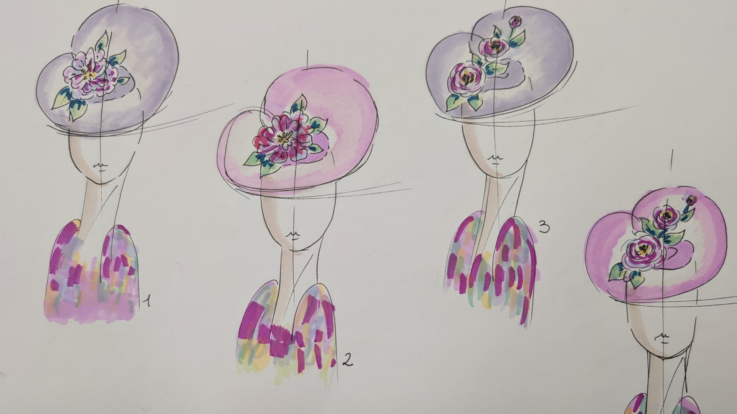 Design sketches of hats with floral patterns on paper